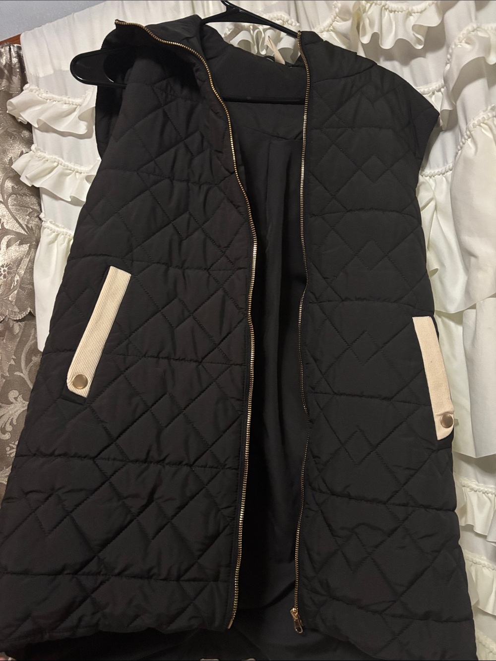Women's Black Quilted Hooded Vest with Cream Pocket Trim